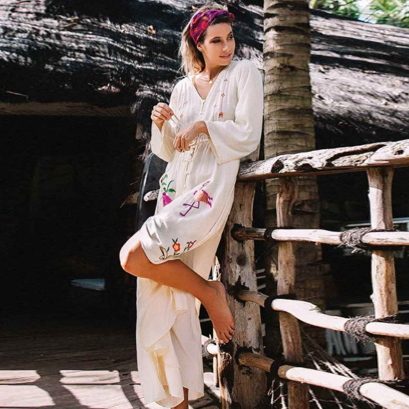 Embroidered Long Sleeve Sun Protection Beach Cover-Up