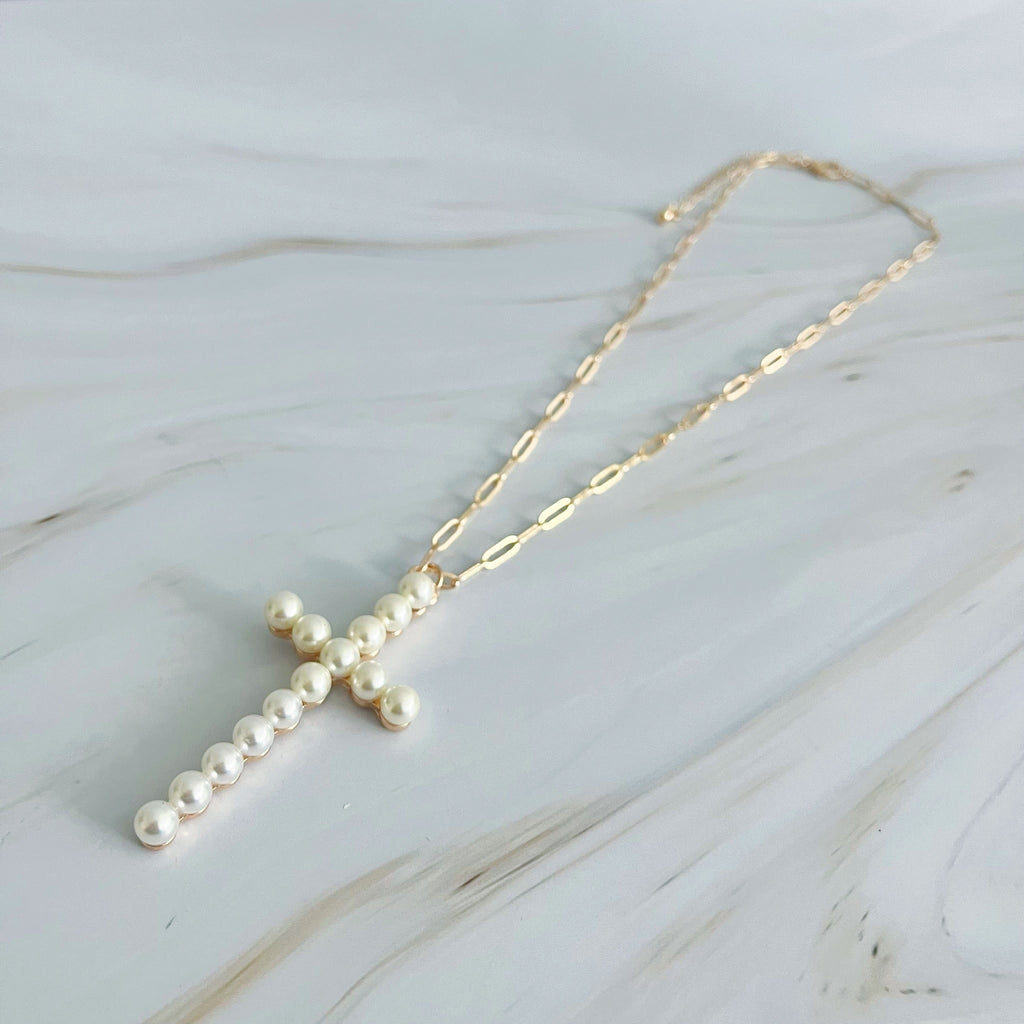 Pearl Cross Pendant Paperclip Chain Necklace