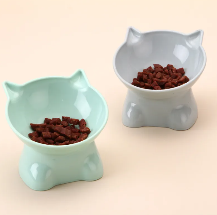 Elevated Cat Bowl with Cute Ears, Tilted Raised Pet Feeding Dish for Cats and Small Dogs, Anti-Vomit Whisker Friendly