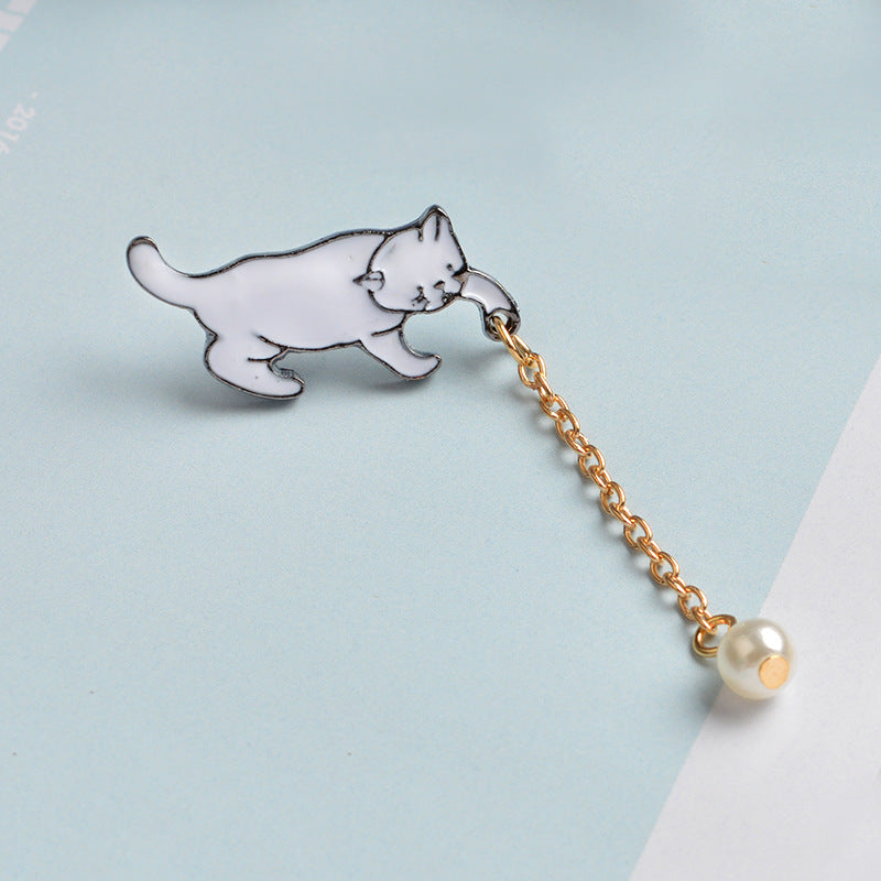 Enamel Cat Brooch Pin with Pearl Drop