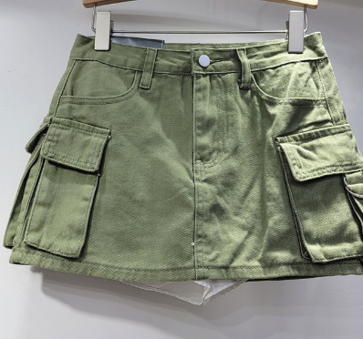 High-Waist Cargo Denim Mini Skirt