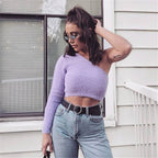 New Sexy One-Shoulder Crop Top with Fur Sleeves