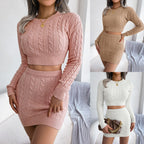 Sexy Cable Knit Two-Piece Set: Crop Top & Slim Skirt