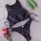 Burgundy Lace-Up High-Neck Bikini Set