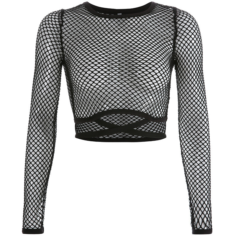 Hollowed Long Sleeve Crop Top with Round Neck