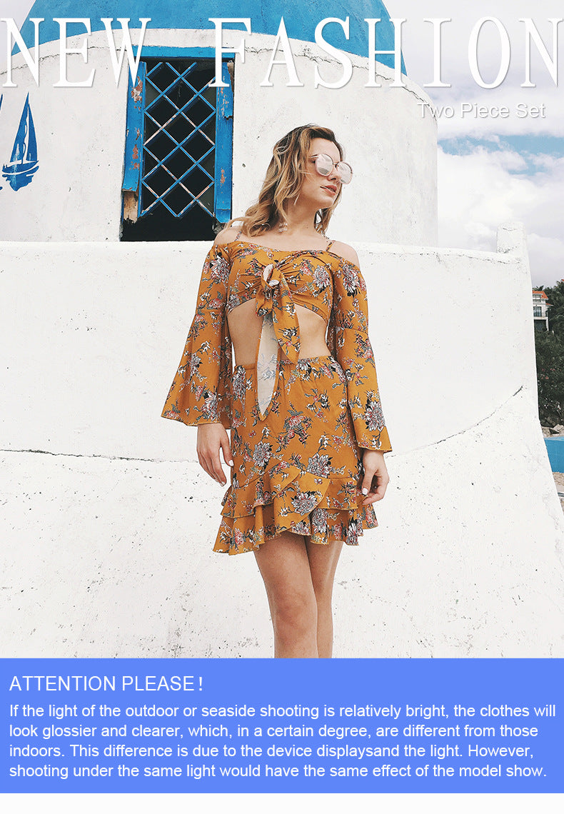 LIVA Bohemian Printed Crop Top and Chiffon Skirt Set