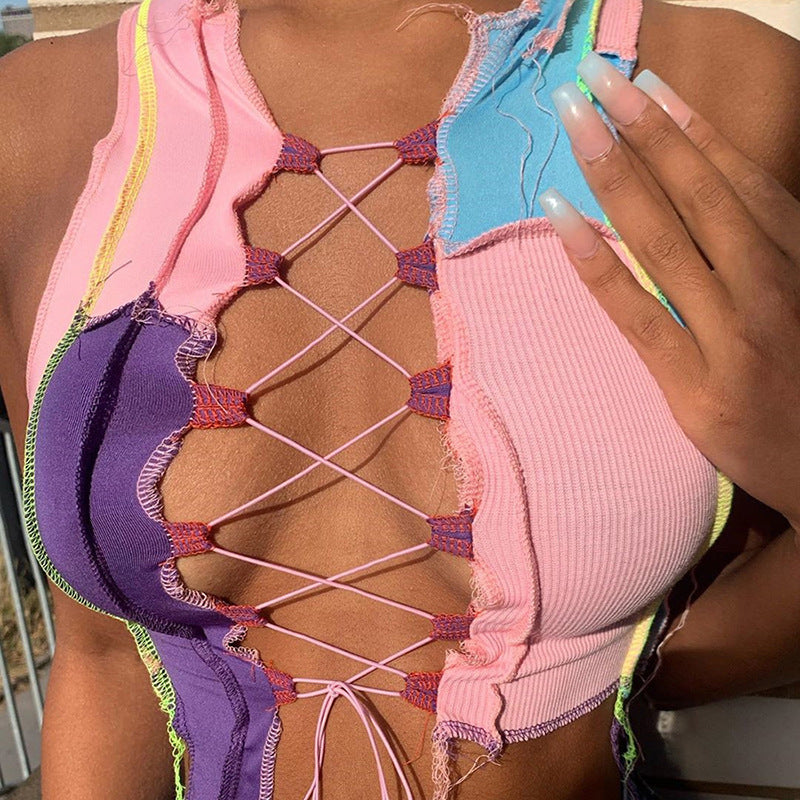 Color-Blocked Lace-Up Short Fitted Tank Top