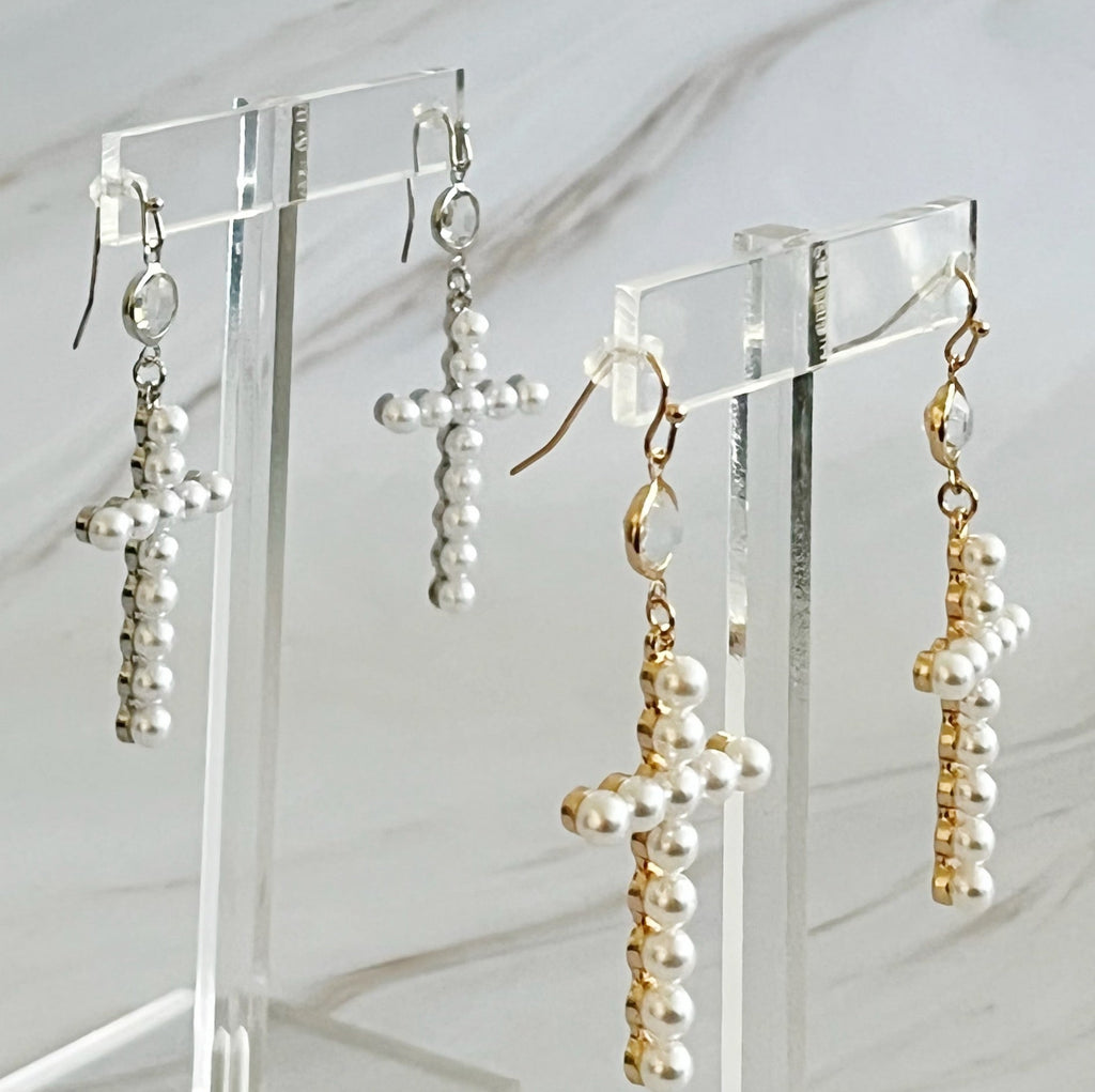 Pearl Cross Dangle Earrings | Christian Jewelry