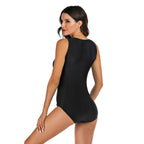 Women's Black Zip-Front Athletic One-Piece Swimsuit