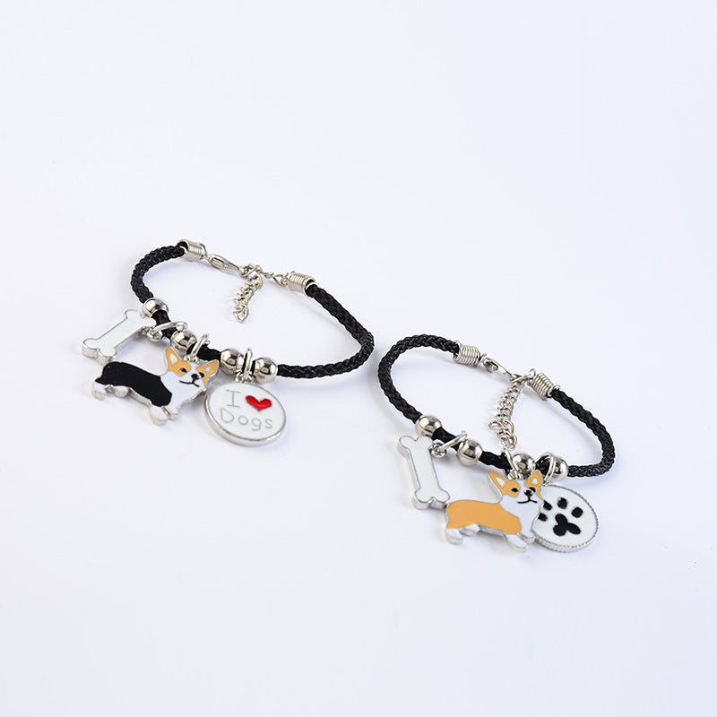 Enamel Dog Charm Leather Cord Bracelet