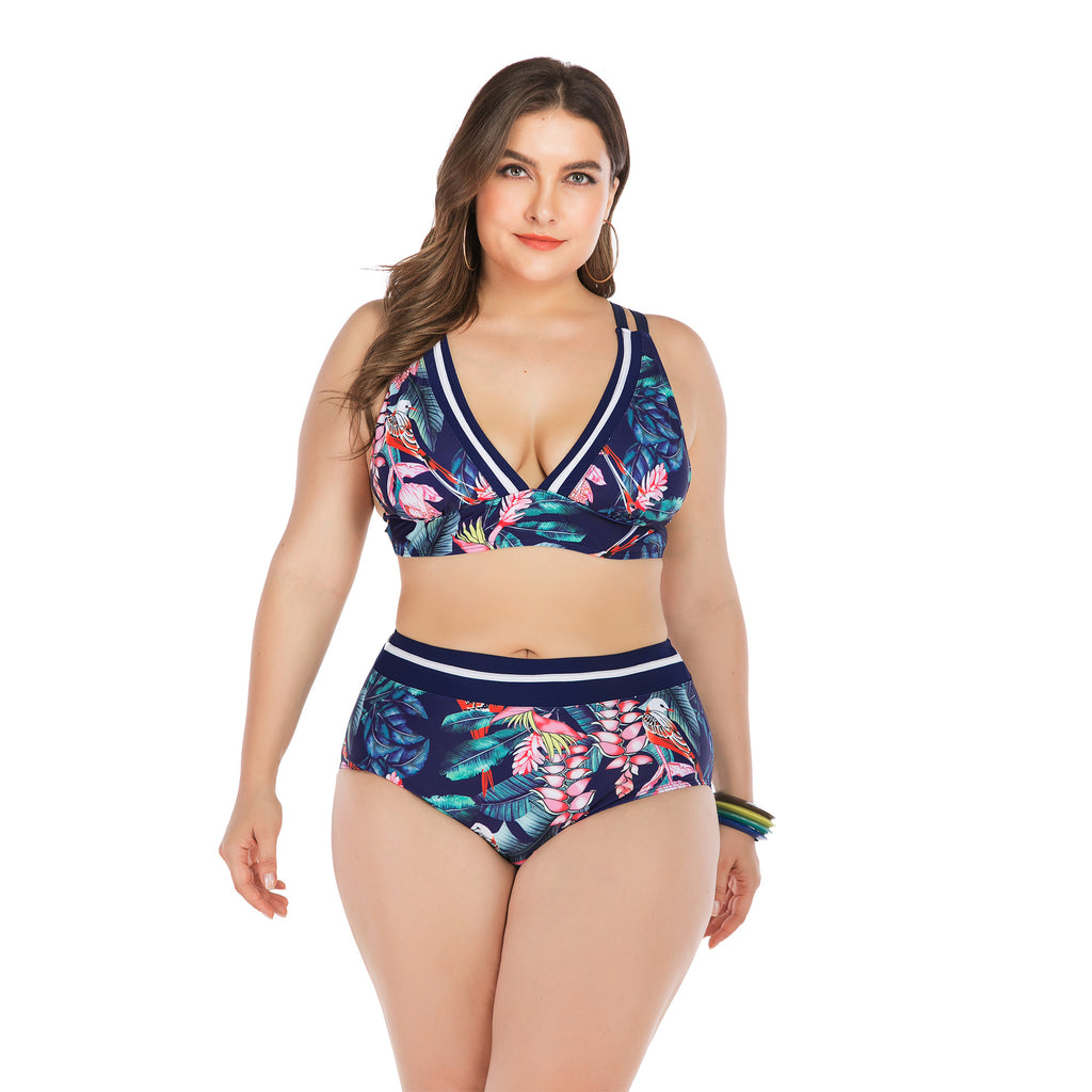 Plus Size Tropical Print High-Waist Bikini Set