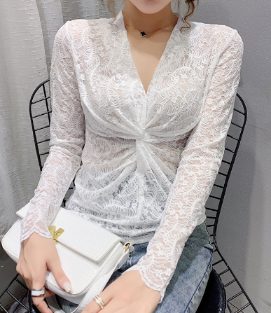 2019 Summer Lace Long Sleeve Deep V Crop Top for Women