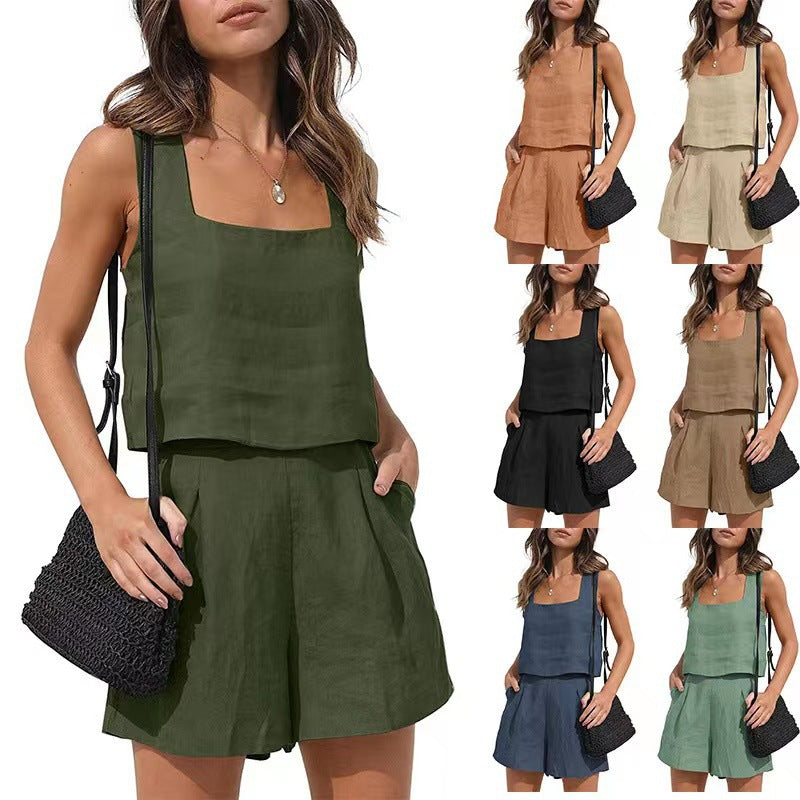 Women's Casual Cotton-Linen Two-Piece Set with Shorts