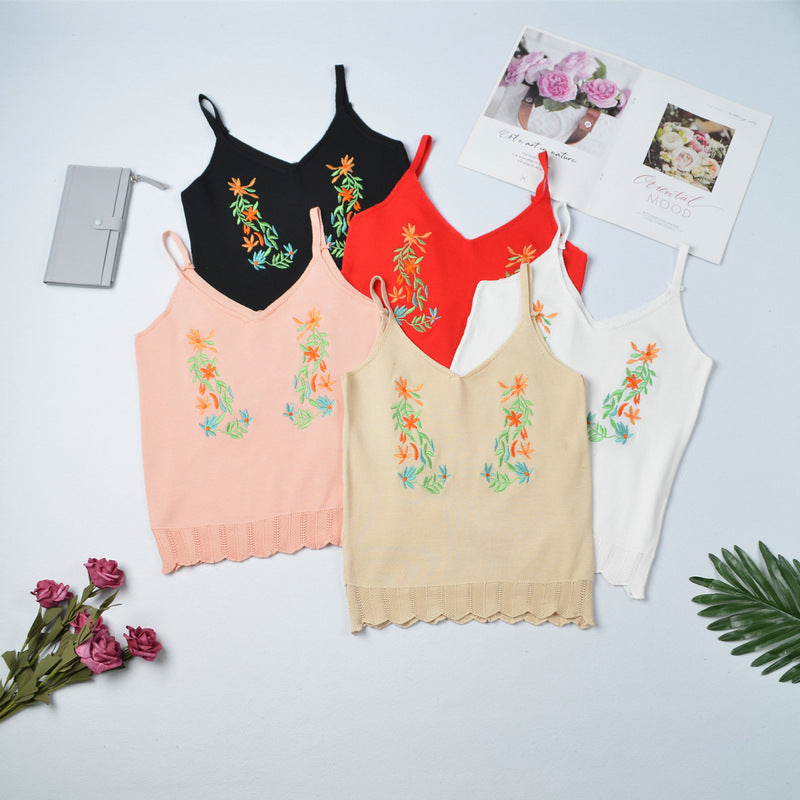 Ethnic Style Embroidered Knit Camisole for Women