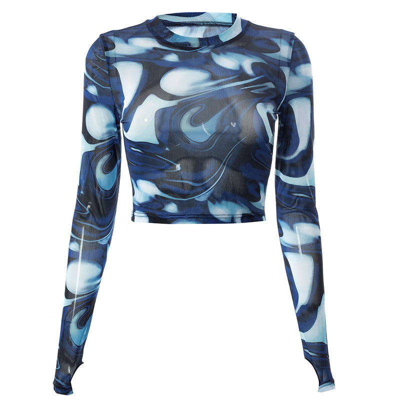 Q21TP574 Women's Casual Autumn Crop Top with Print