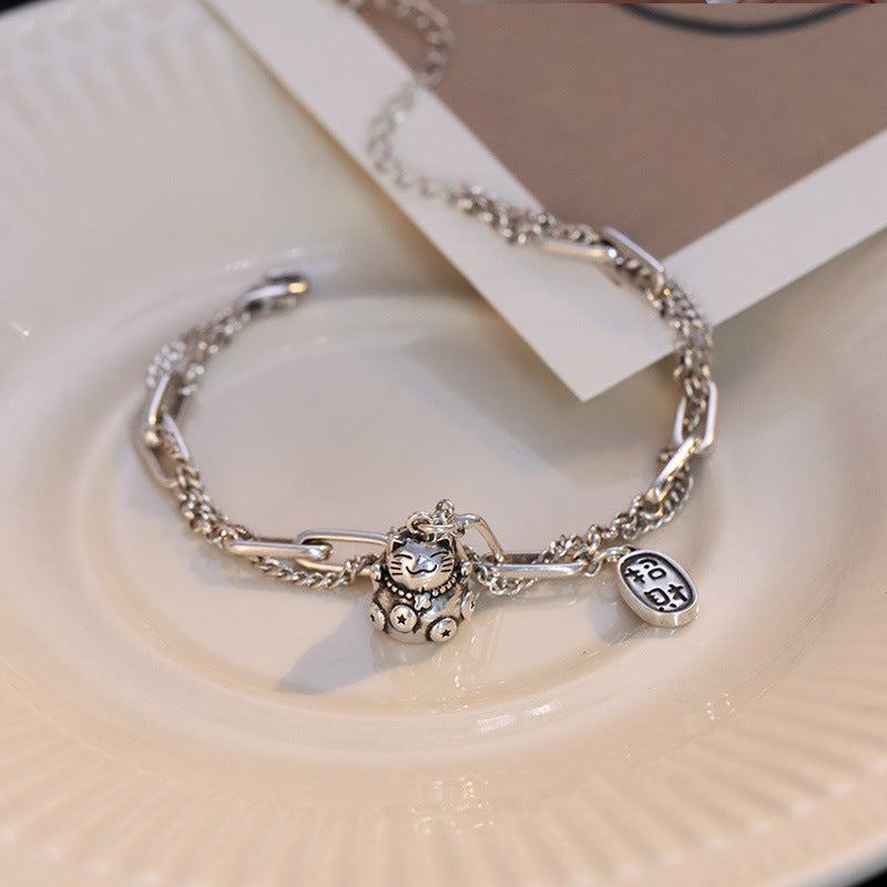 Retro Lucky Cat Double Chain Bracelet