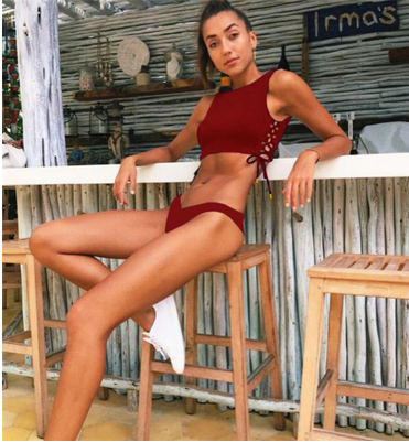 Burgundy Lace-Up High-Neck Bikini Set