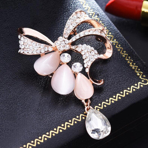 Fashion Bowknot Crystal Brooch with Blue Drop