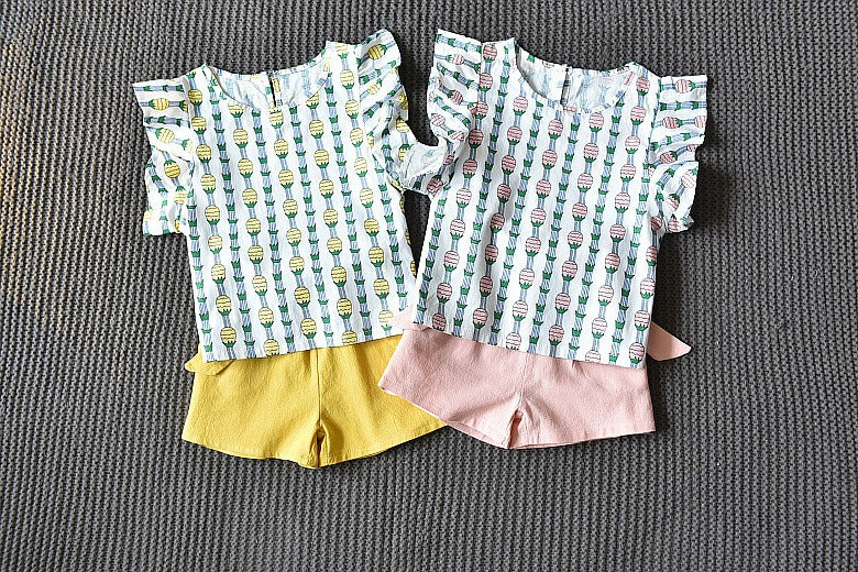 Girls Pineapple Sleeve Shorts Set