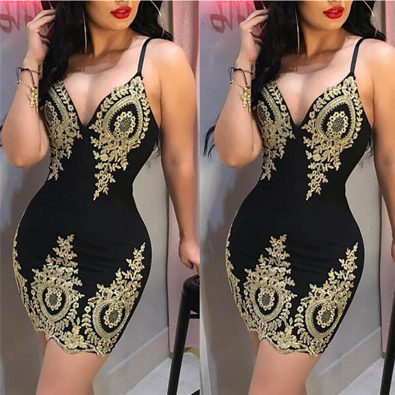 Lace V-Neck Bodycon Dress with Spaghetti Straps