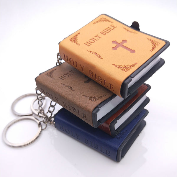Mini Leather Bible Keychain with Cross Pendant
