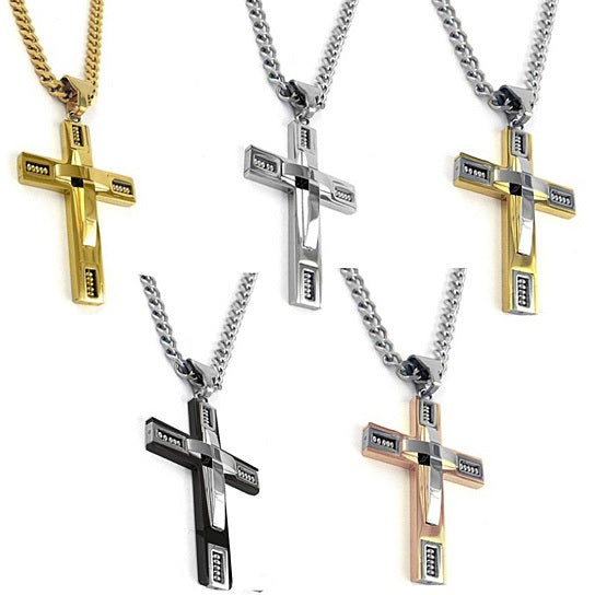 Two-Tone Cross Pendant Curb Chain Necklace for Men