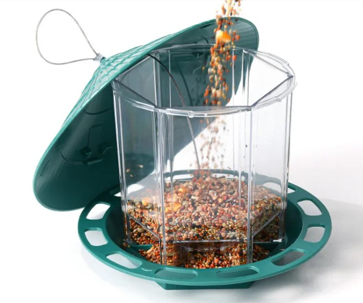 Hanging Wild Bird Feeder Outdoor Gazebo Gravity Seed Dispenser with Clear Reservoir and Multi-Port Feeding Tray for Garden Yard