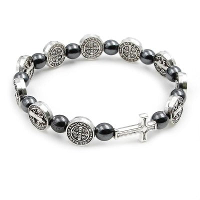 Hematite Saint Benedict Rosary Bracelet