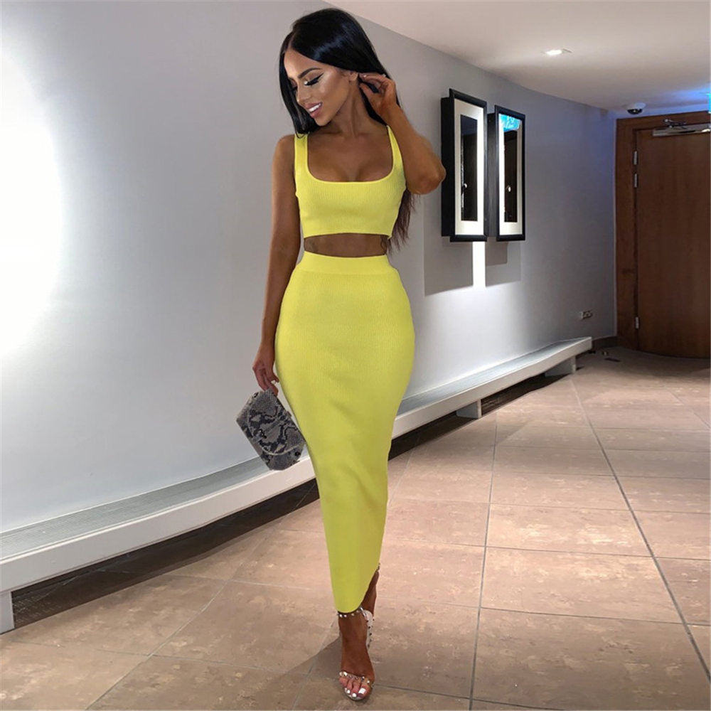 Summer Solid Color Crop Top and Long Dress Set