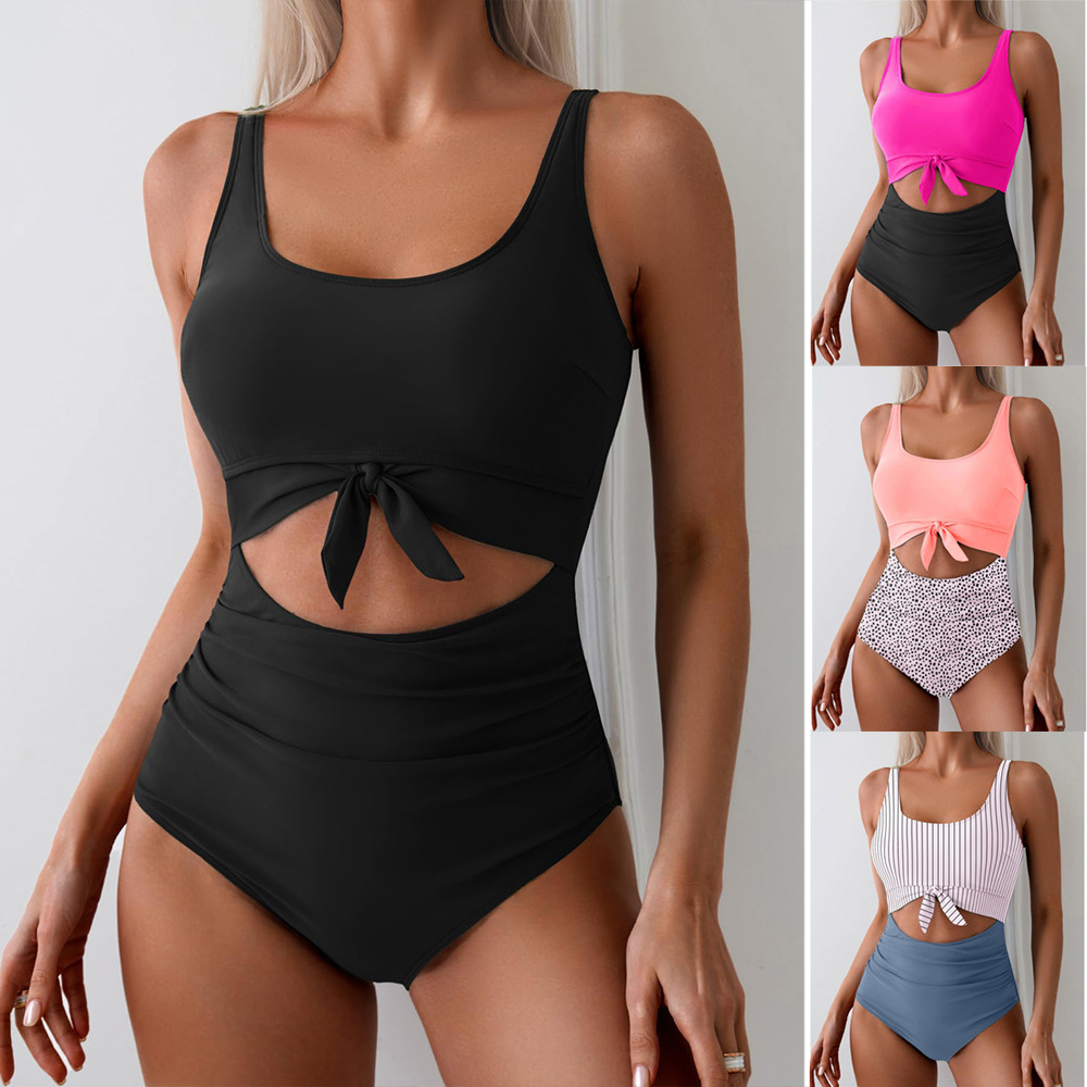 Color-Block Knot-Front Cutout One-Piece Swimsuit