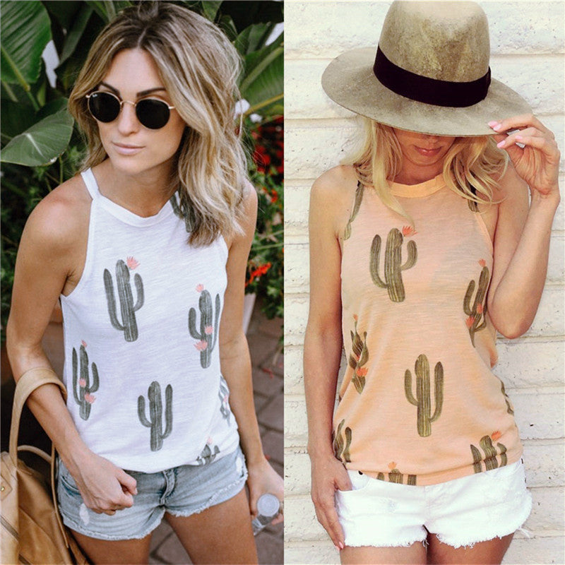 Fashionable Sleeveless Round Neck Cactus Print Tank Top