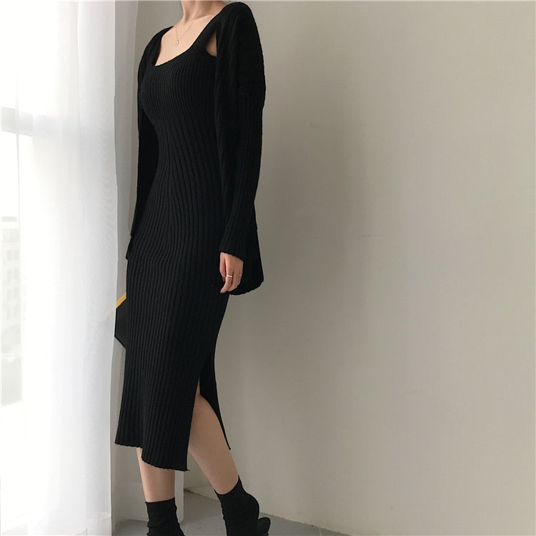 Ribbed Knit Cami Dress and Cardigan Set