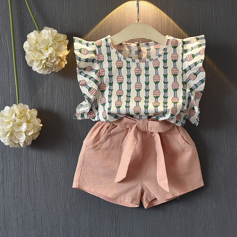 Girls Pineapple Sleeve Shorts Set