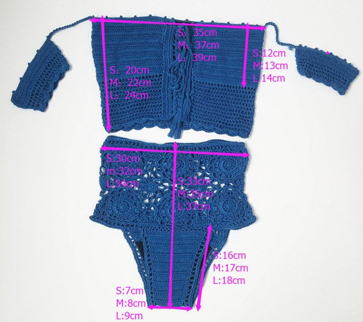 Blue Crochet Bandeau High-Waist Bikini Set