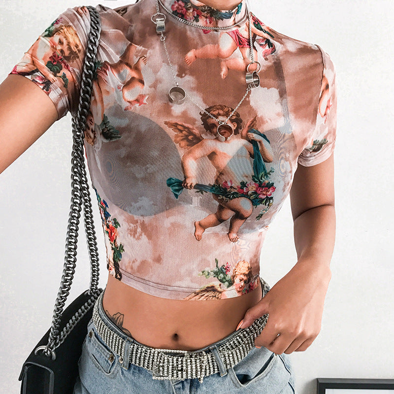 Angel Print Sheer Short Sleeve Crop Top