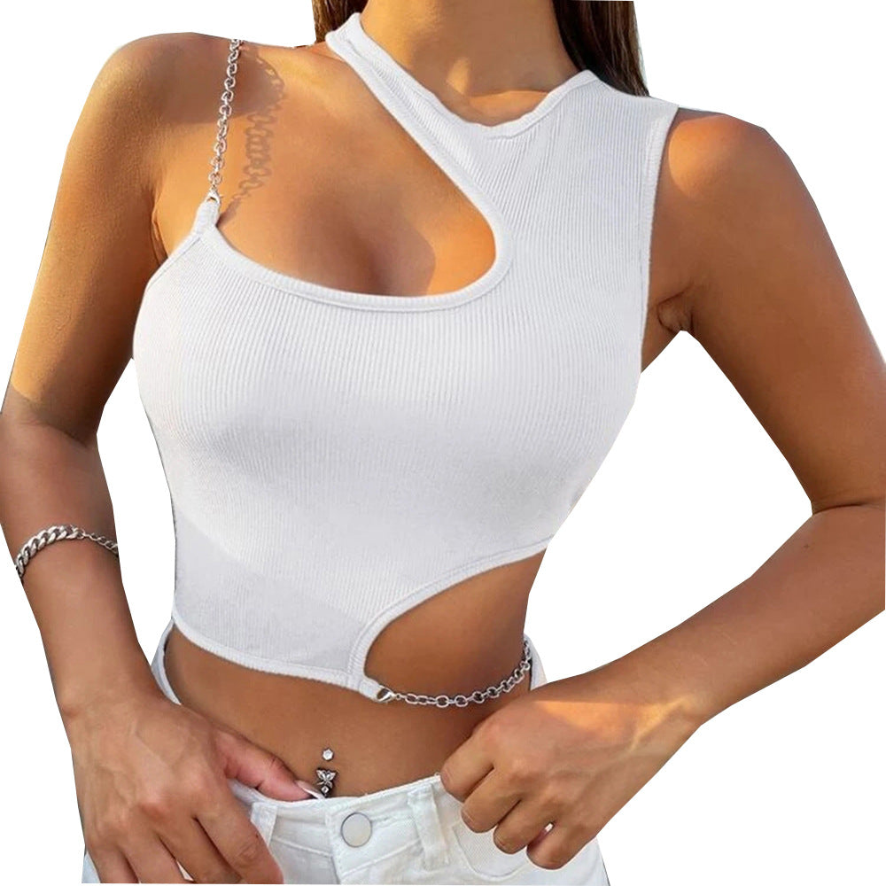 Women's Sleeveless One Shoulder Crop Top with Chain Detail
