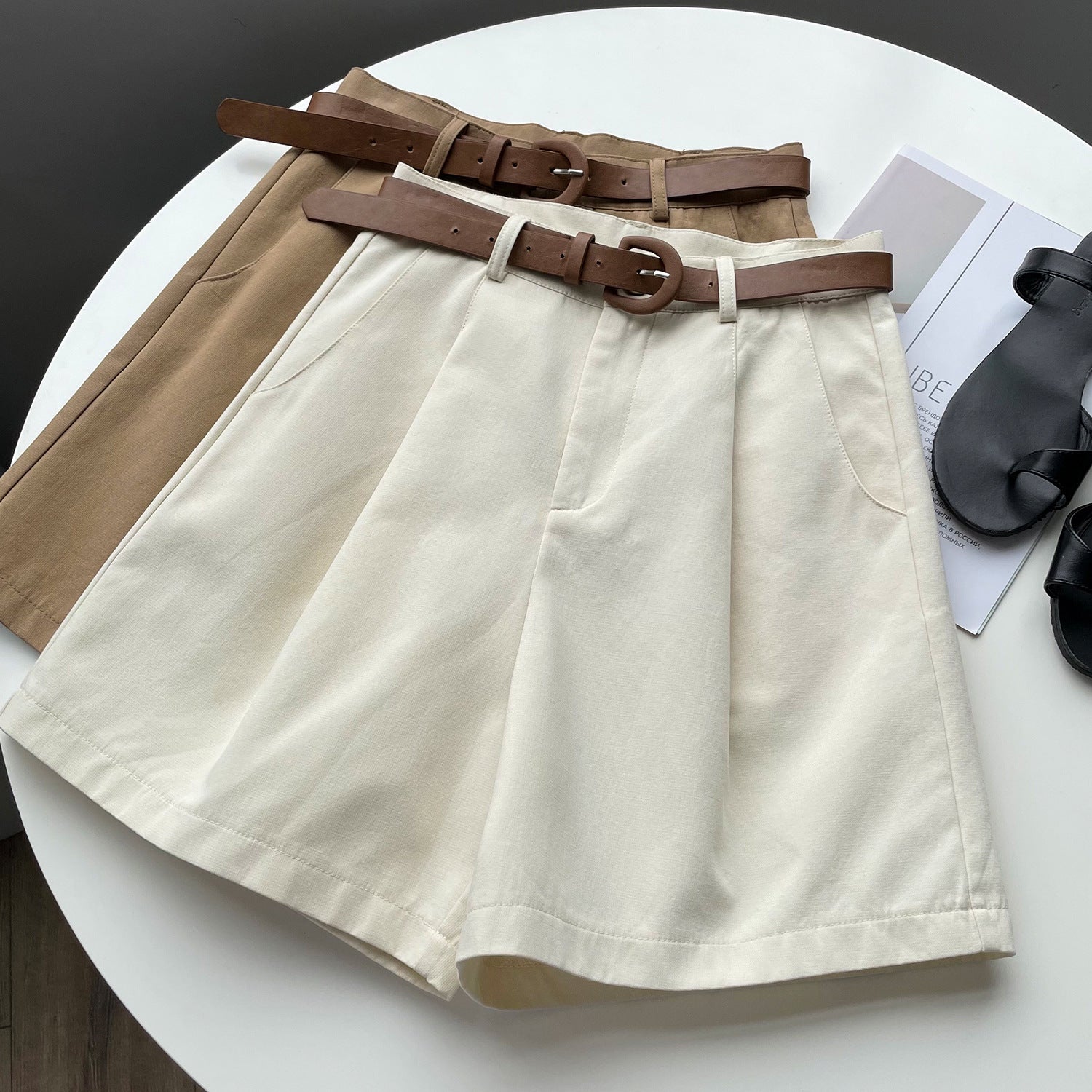 Khaki High-Waisted Loose Summer Shorts for Women