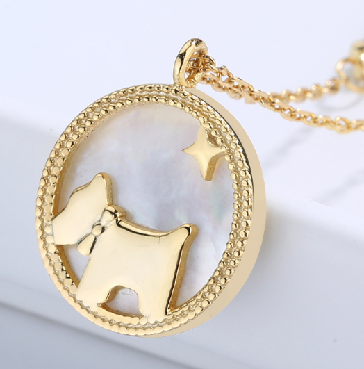 Gold Dog Pendant Necklace with Shell Inlay