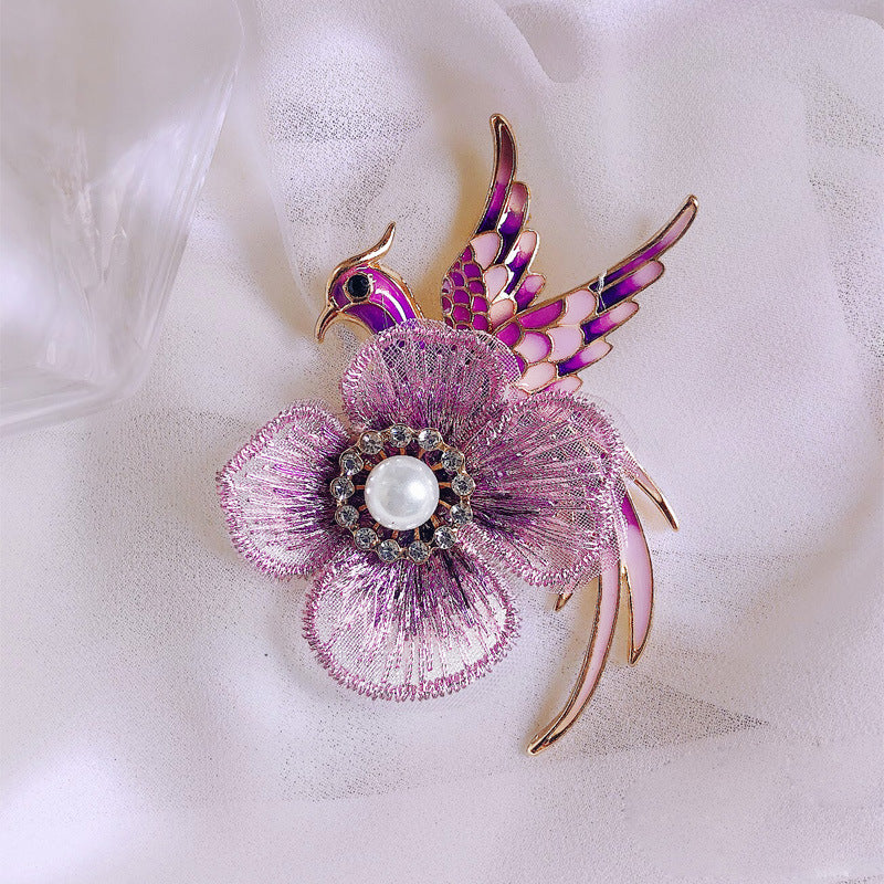 Handmade Embroidered Brooch with Enamel Bird