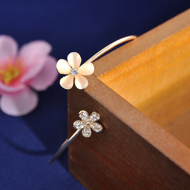 Daisy Flower Open Bangle with Cat's Eye Stones