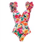 Floral Ruffle One-Piece Swimsuit and Maxi Skirt Set