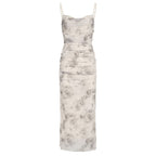 Rose Print Mesh Ruched Slip Dress
