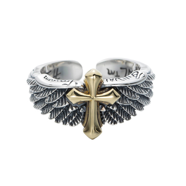 Vintage Men's Fashion Ring with Cross and Wings Design