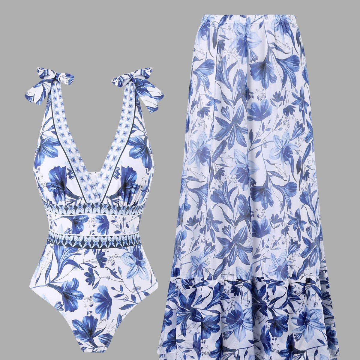 Blue Floral One-Piece Swimsuit and Maxi Skirt Set