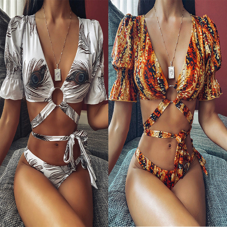Puff Sleeve Wrap Bikini Set in Leopard Print