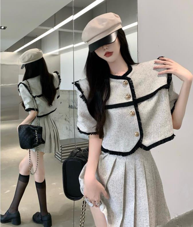 Tweed Cropped Jacket and Pleated Skirt Two-Piece Set