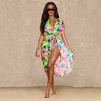 Neon Snakeskin Print Chiffon Kimono Cover-Up with Bikini