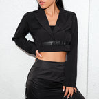 Suit Jacket with V-Neck Crop Top and Button Closure