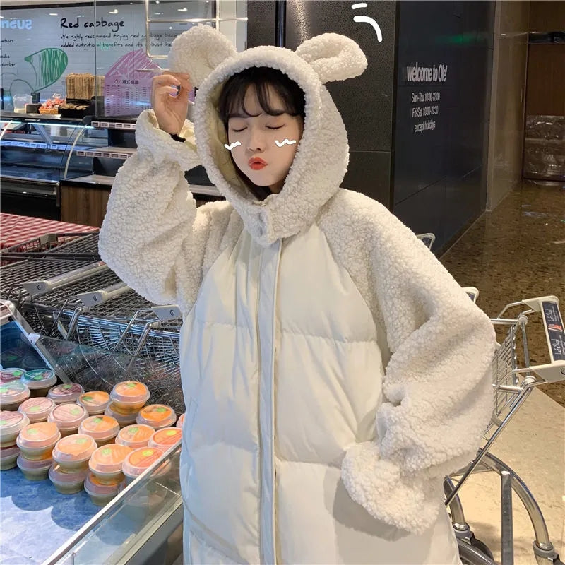 Women's Teddy Bear Parka with Faux Fur Patches