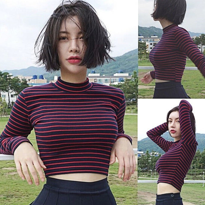 Striped Long Sleeve Crop Top Blouse